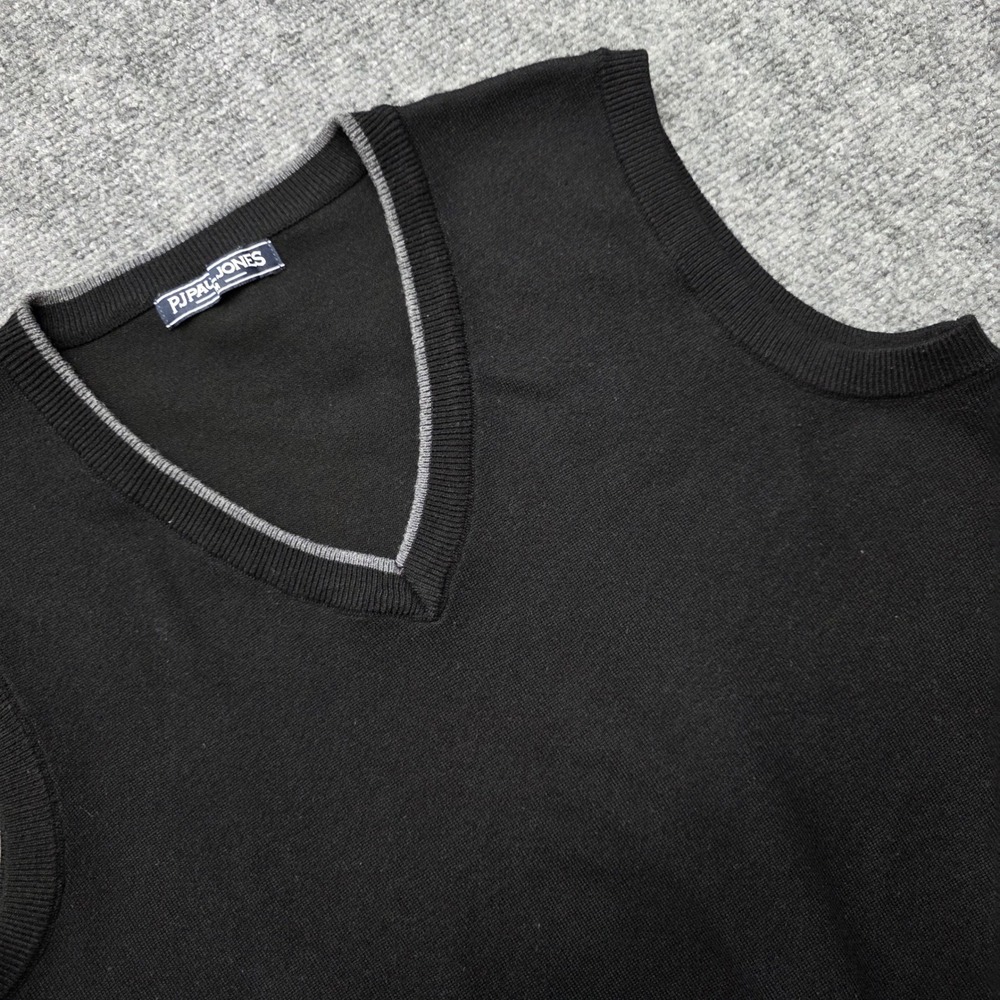 PJ Paul Jones Mens Medium Black V-Neck Sweater Vest Grey Trim Wool Blend Classic
